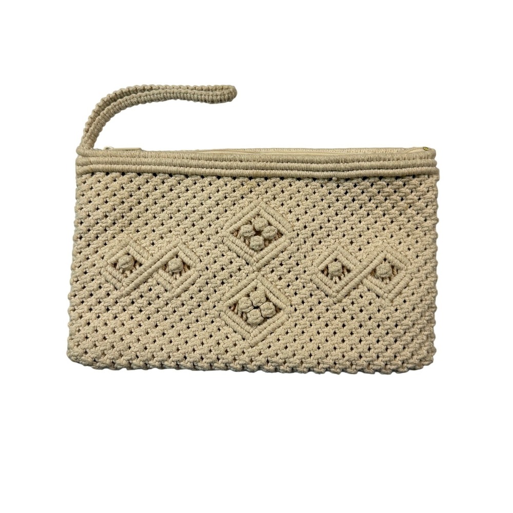 VTG Macrame Woven Wristlet Clutch Purse Bag Cream Beige Boho Coastal Beachy 70s